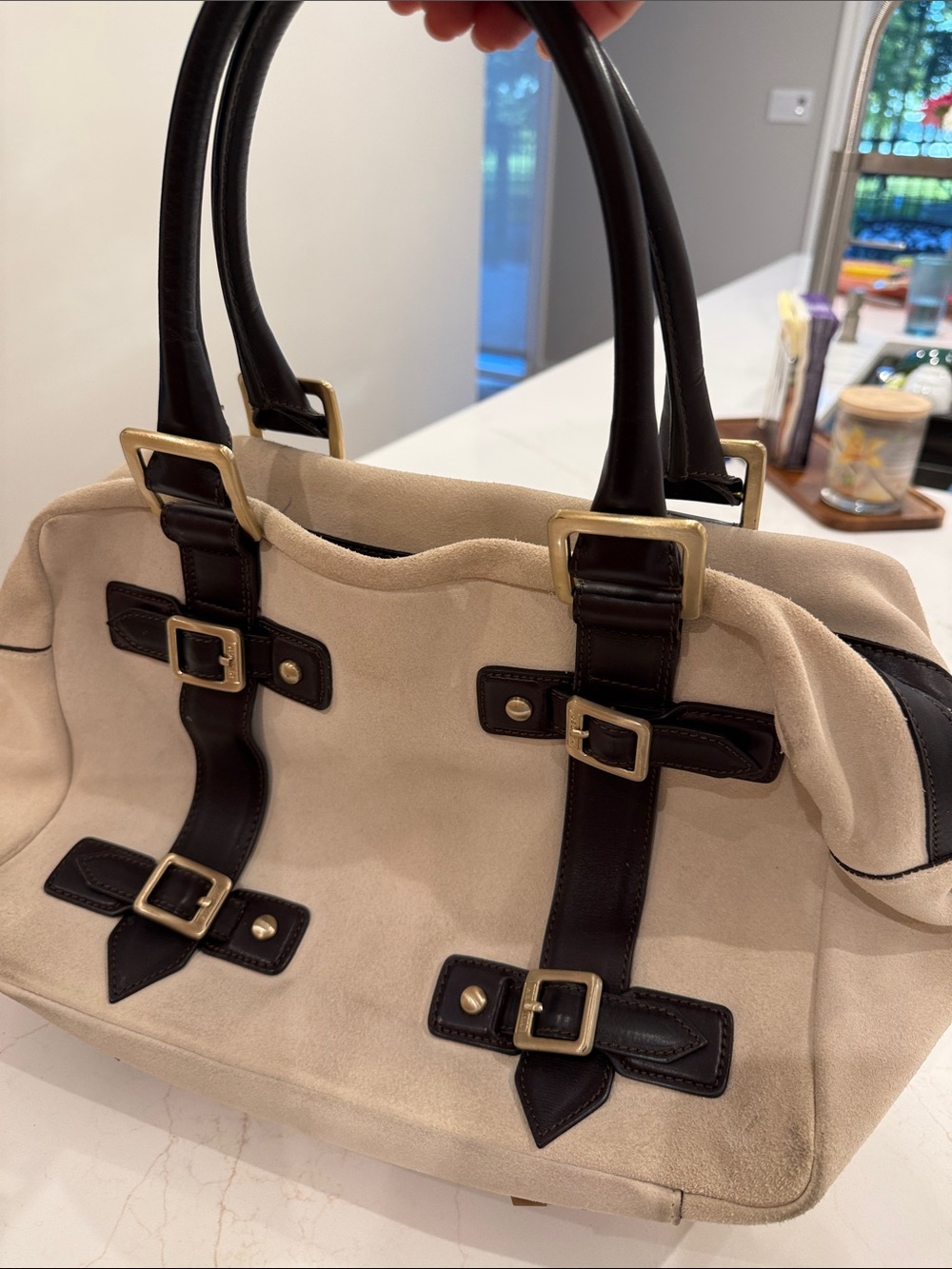 Hunter Beige Canvas Satchel with Dark Brown Leather Trim
